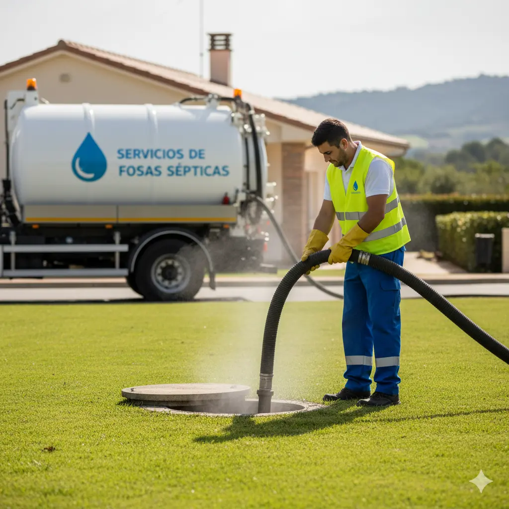 Técnicos realizando el vaciado y limpieza de una fosa séptica