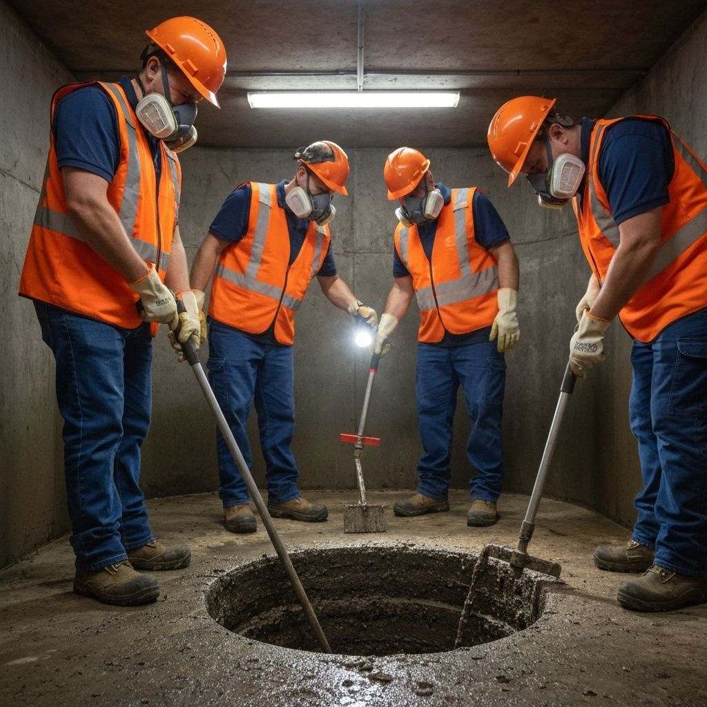 Equipo profesional realizando limpieza de fosa séptica